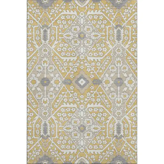 Gold Gray And Ivory Floral Washable Area Rug With UV Protection Photo 2