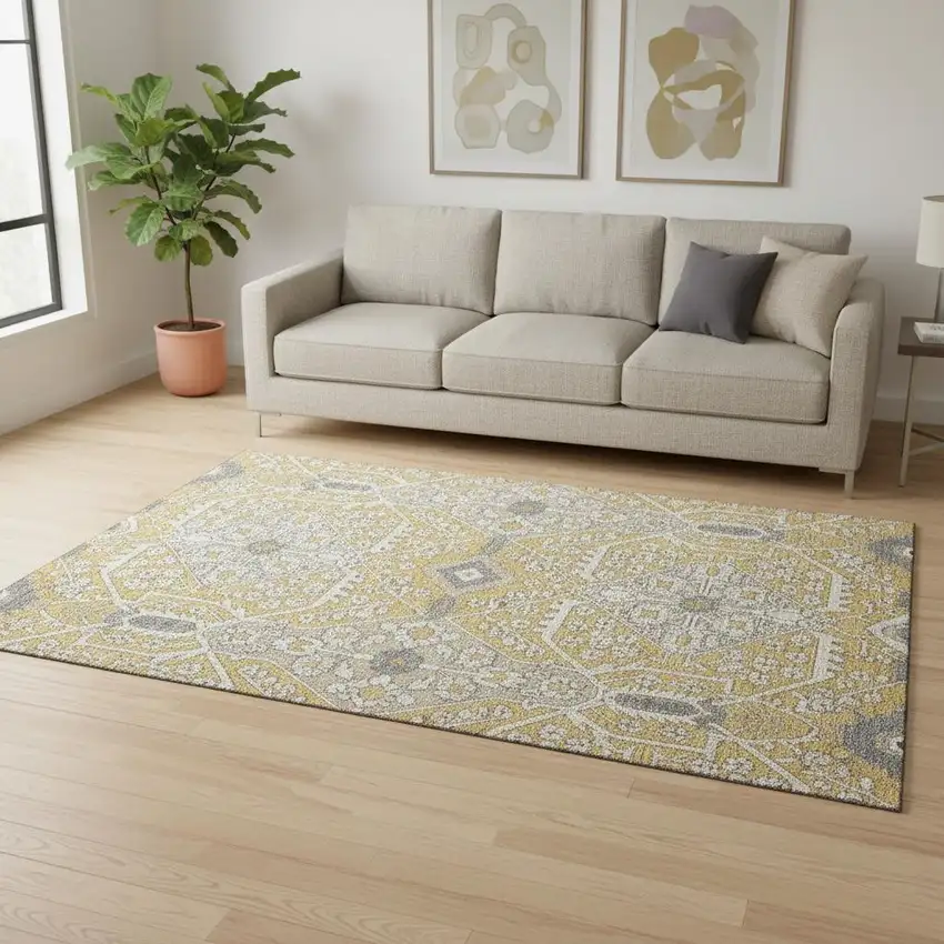Gold Gray And Ivory Floral Washable Area Rug With UV Protection Photo 1