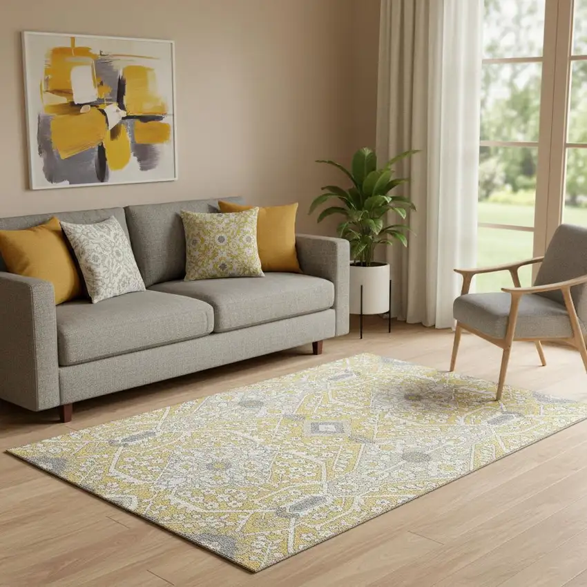 Gold Gray And Ivory Floral Washable Area Rug With UV Protection Photo 1