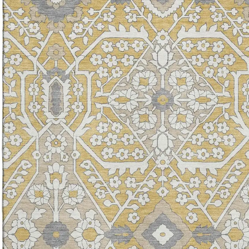 Gold Gray And Ivory Floral Washable Area Rug With UV Protection Photo 4