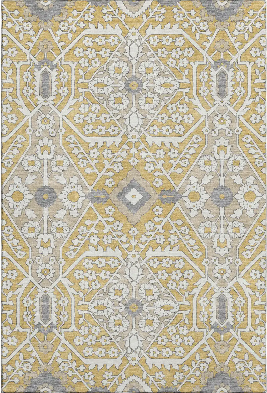 Gold Gray And Ivory Floral Washable Area Rug With UV Protection Photo 2