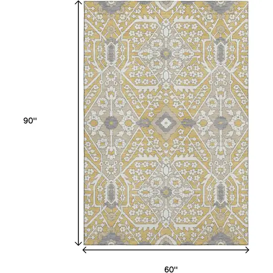 Gold Gray And Ivory Floral Washable Area Rug With UV Protection Photo 3
