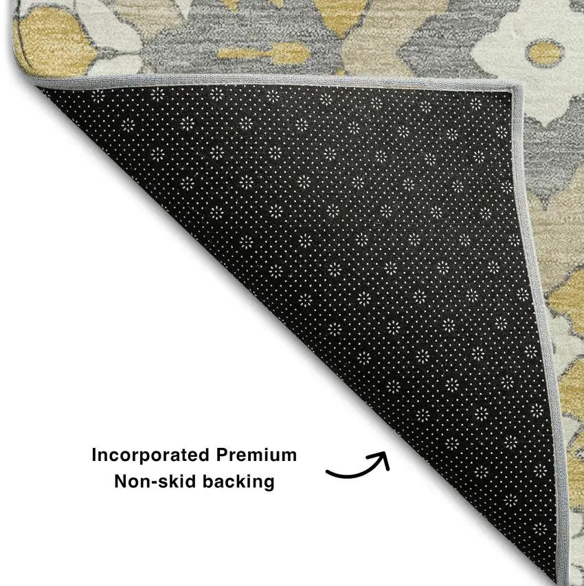Gold Gray And Ivory Floral Washable Area Rug With UV Protection Photo 8