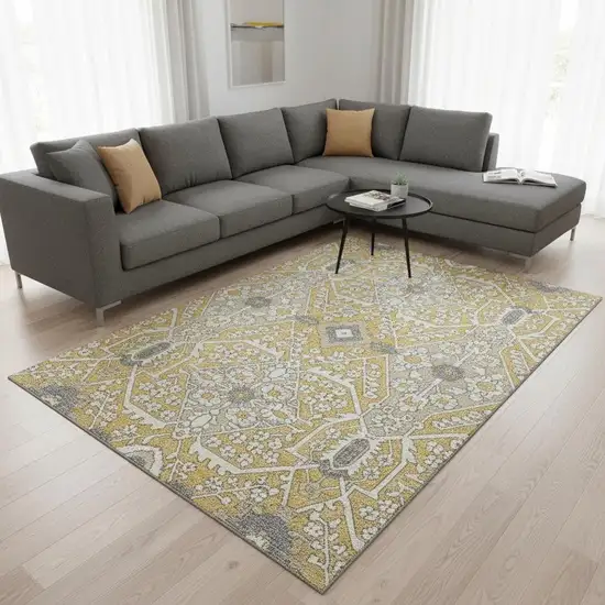 Gold Gray And Ivory Floral Washable Area Rug With UV Protection Photo 1