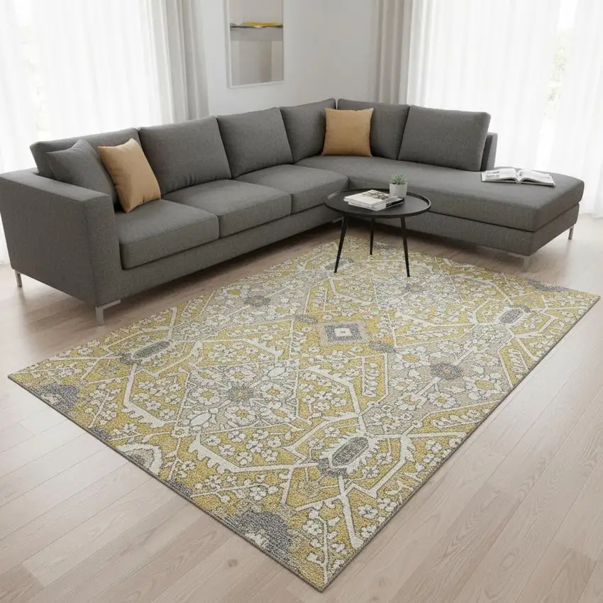 Gold Gray And Ivory Floral Washable Area Rug With UV Protection Photo 1