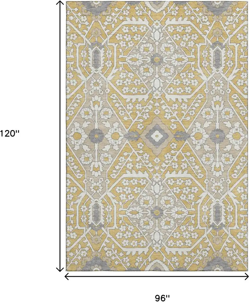 Gold Gray And Ivory Floral Washable Area Rug With UV Protection Photo 3