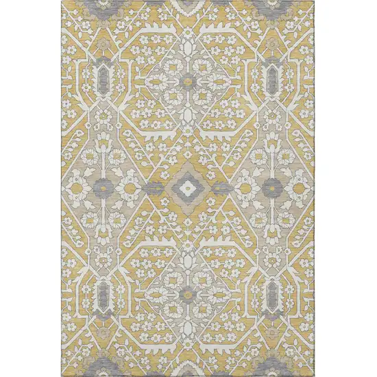 Gold Gray And Ivory Floral Washable Area Rug With UV Protection Photo 5