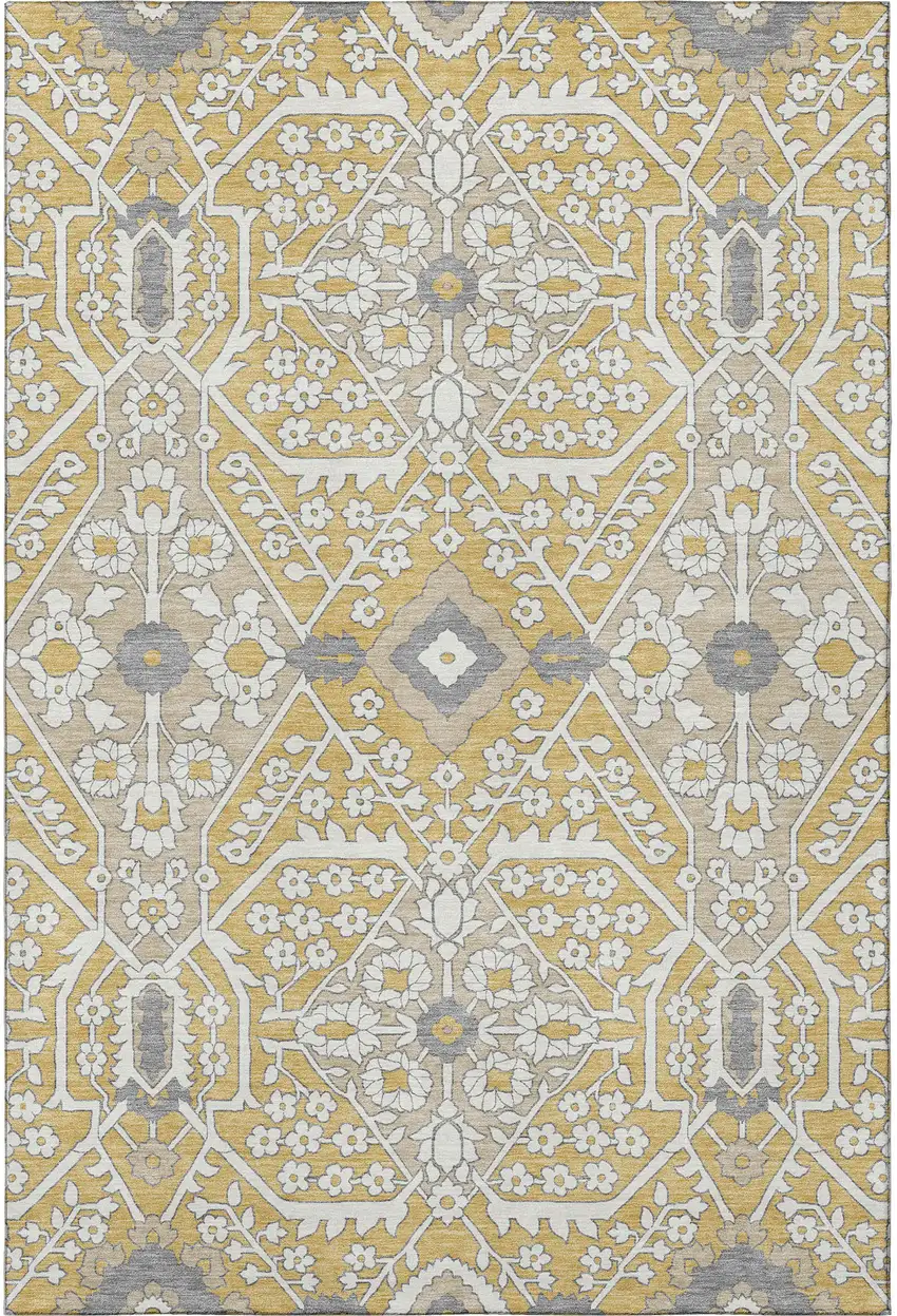 Gold Gray And Ivory Floral Washable Area Rug With UV Protection Photo 5