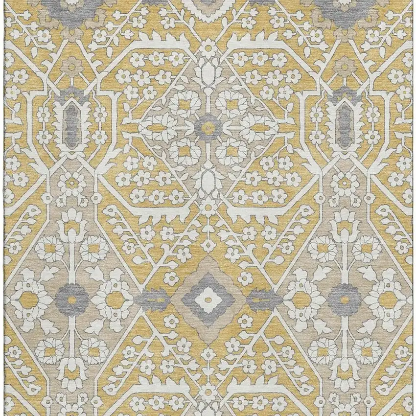 Gold Gray And Ivory Floral Washable Area Rug With UV Protection Photo 4