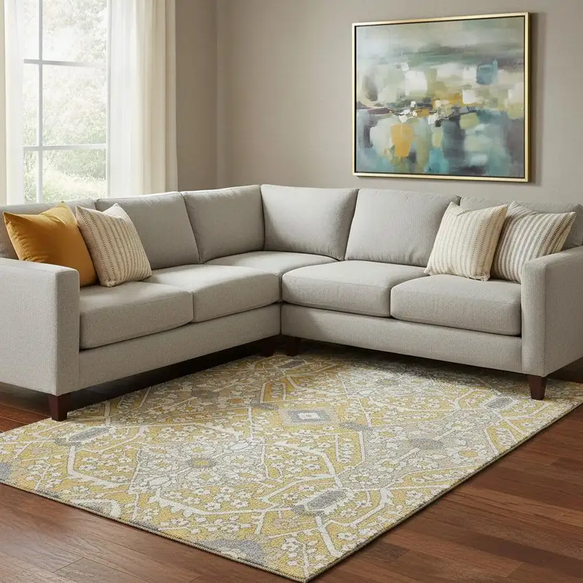 Gold Gray And Ivory Floral Washable Area Rug With UV Protection Photo 1