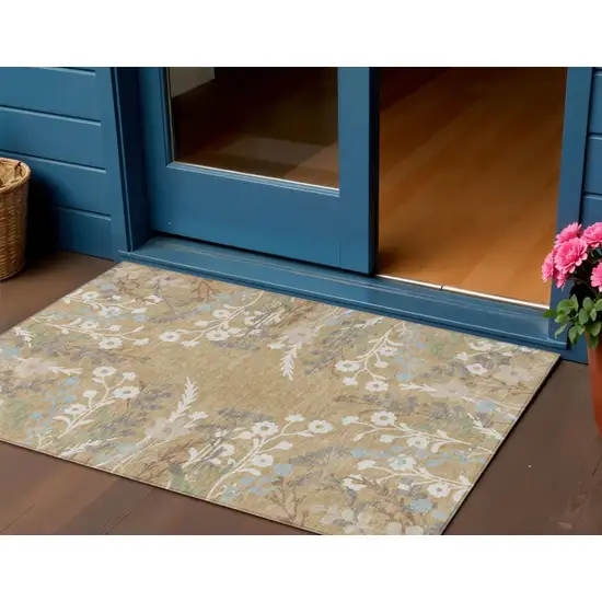 Gold Gray And Ivory Floral Washable Indoor Outdoor Area Rug Photo 1