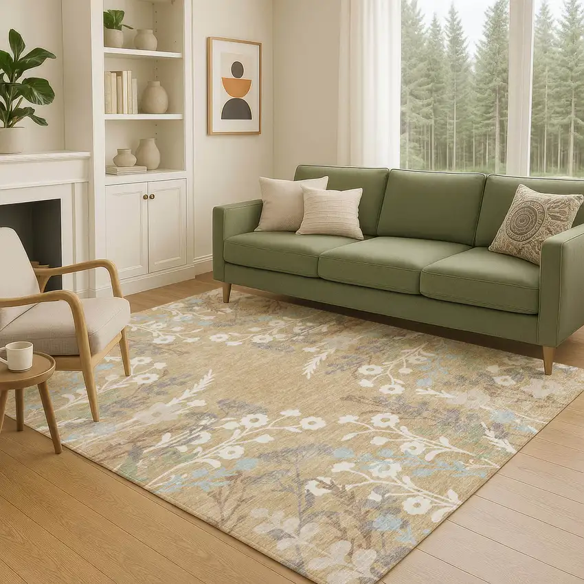 Gold Gray And Ivory Floral Washable Indoor Outdoor Area Rug Photo 9