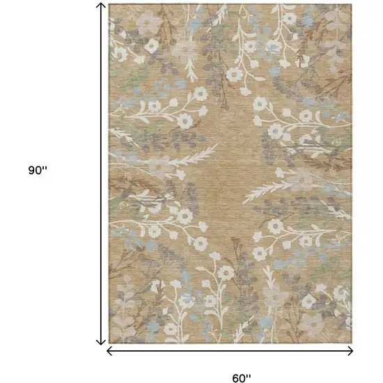 Gold Gray And Ivory Floral Washable Indoor Outdoor Area Rug Photo 3