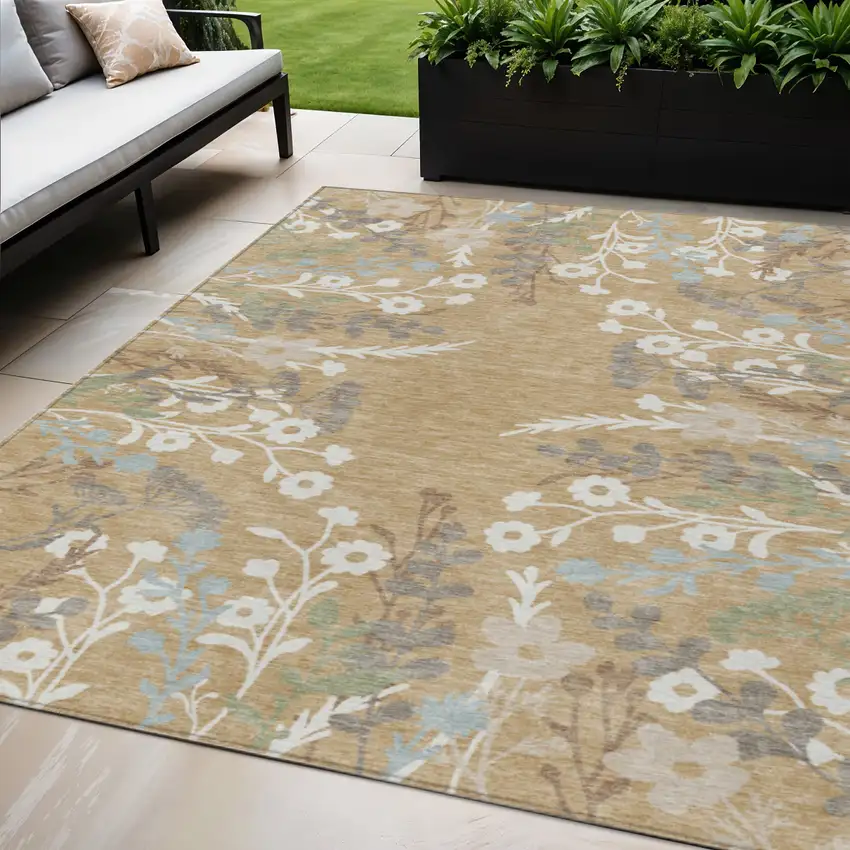 Gold Gray And Ivory Floral Washable Indoor Outdoor Area Rug Photo 1
