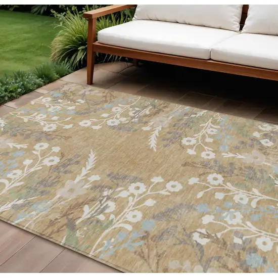 Gold Gray And Ivory Floral Washable Indoor Outdoor Area Rug Photo 1