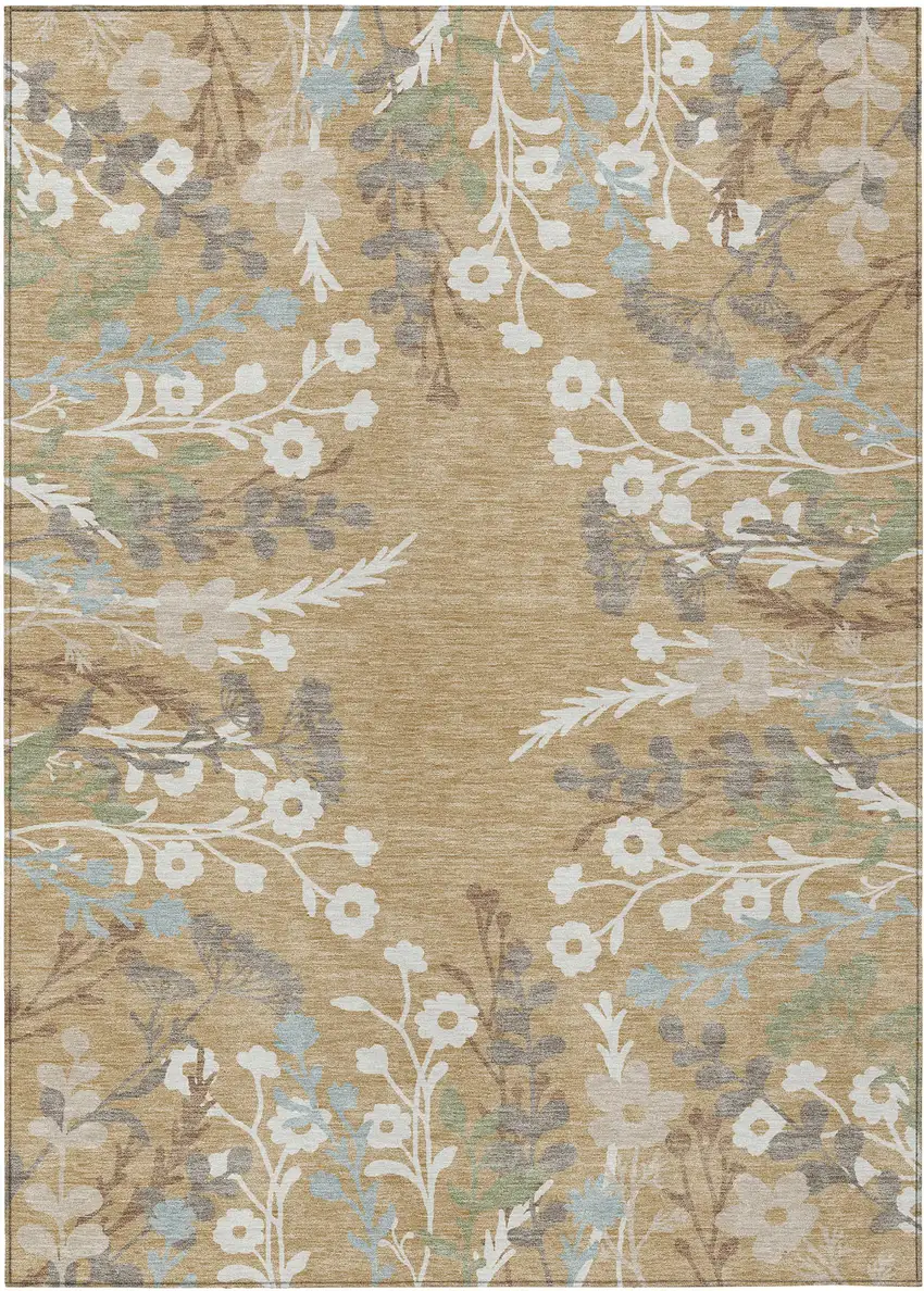 Gold Gray And Ivory Floral Washable Indoor Outdoor Area Rug Photo 2