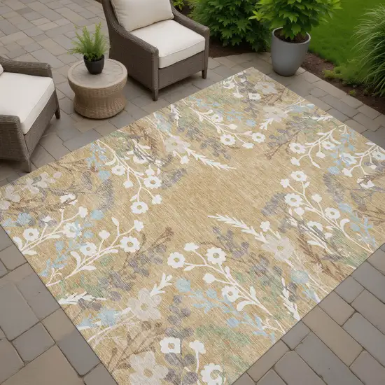 Gold Gray And Ivory Floral Washable Indoor Outdoor Area Rug Photo 8