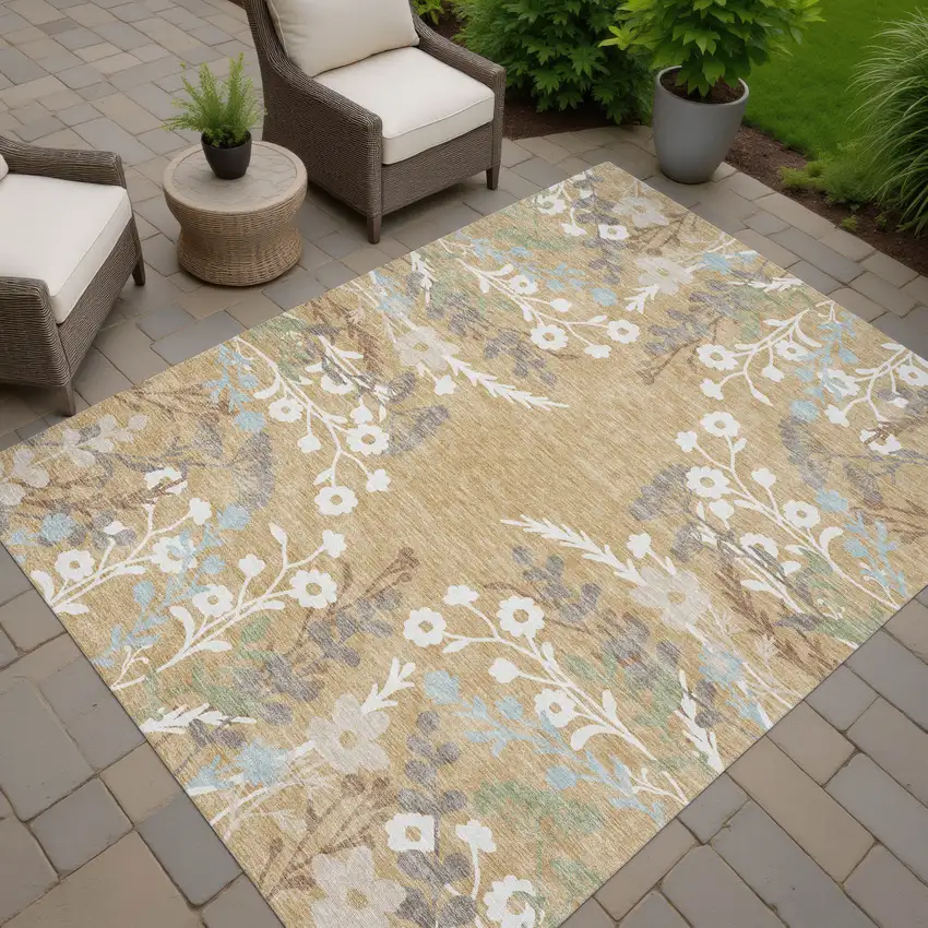 Gold Gray And Ivory Floral Washable Indoor Outdoor Area Rug Photo 8