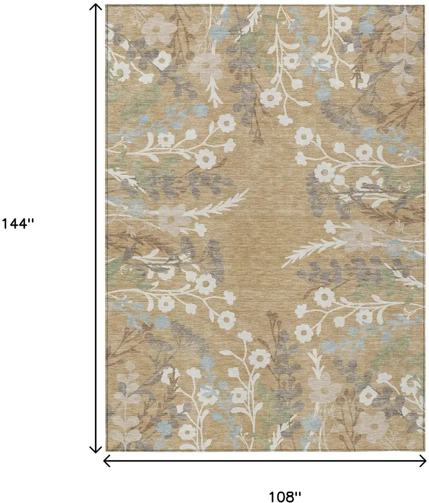 Gold Gray And Ivory Floral Washable Indoor Outdoor Area Rug Photo 3