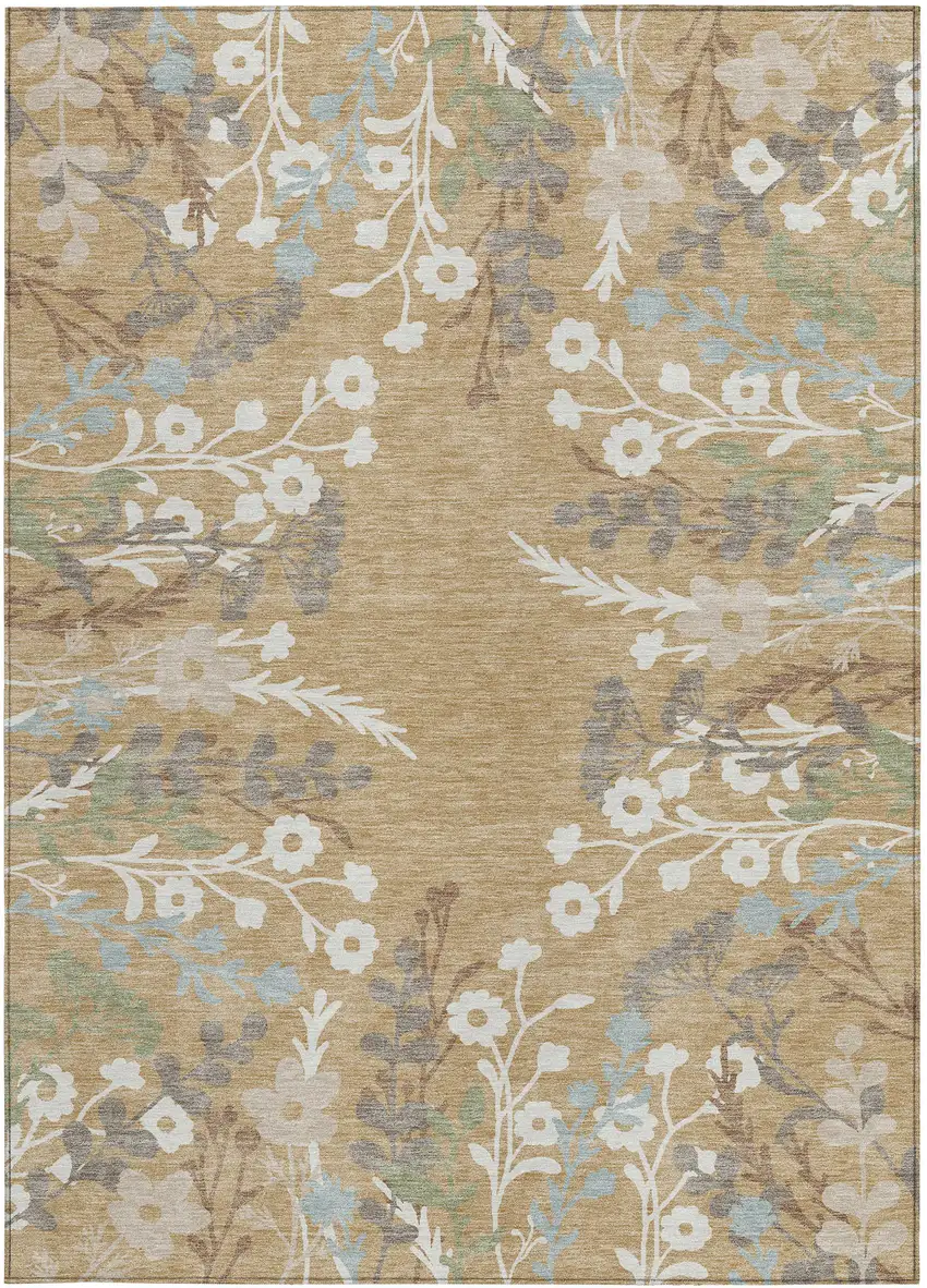 Gold Gray And Ivory Floral Washable Indoor Outdoor Area Rug Photo 4