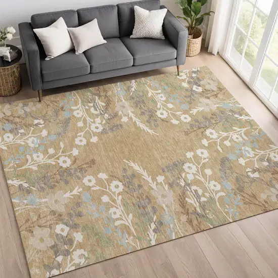 Gold Gray And Ivory Floral Washable Indoor Outdoor Area Rug Photo 9