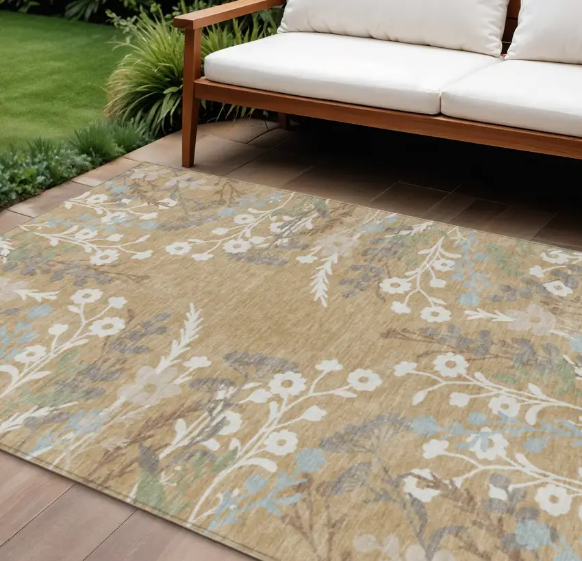 Gold Gray And Ivory Floral Washable Indoor Outdoor Area Rug Photo 1