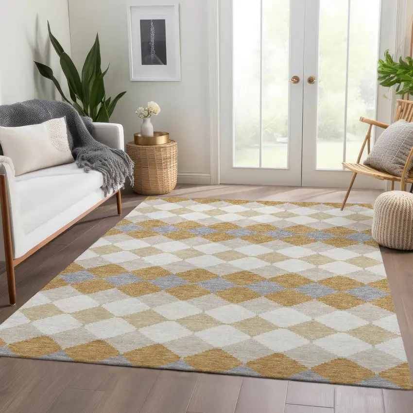 Gold Gray And Ivory Geometric Washable Area Rug With UV Protection Photo 4