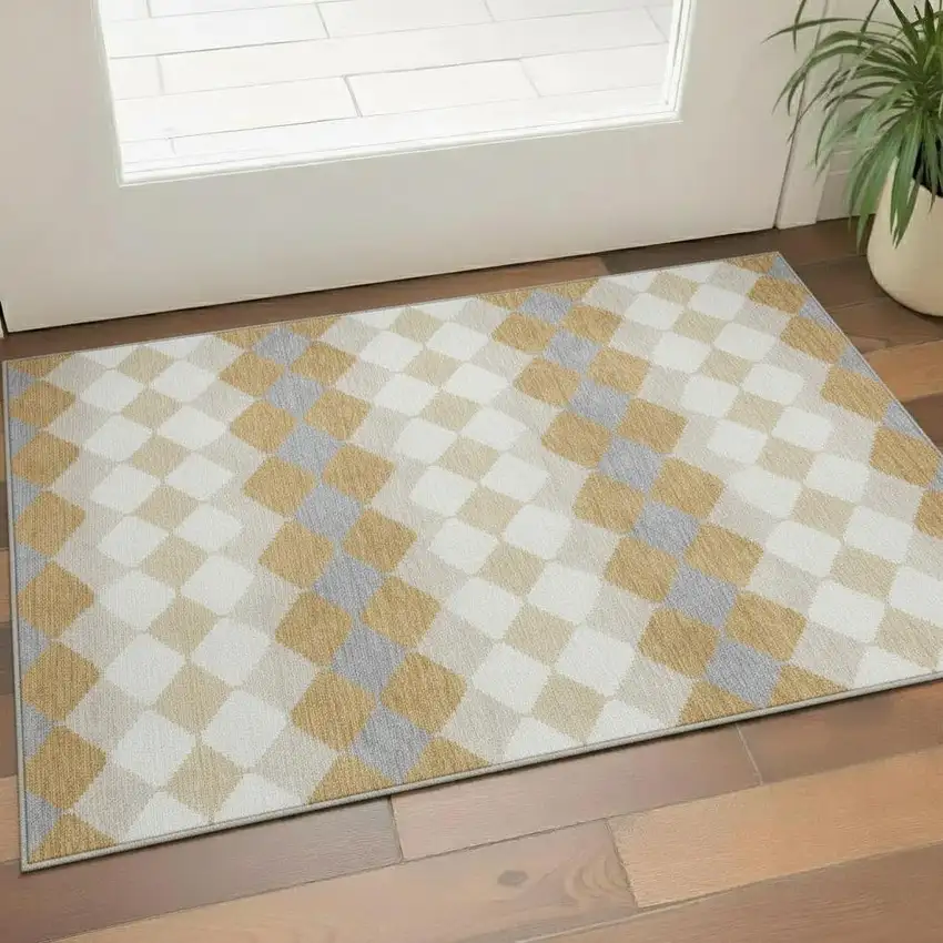 Gold Gray And Ivory Geometric Washable Area Rug With UV Protection Photo 2