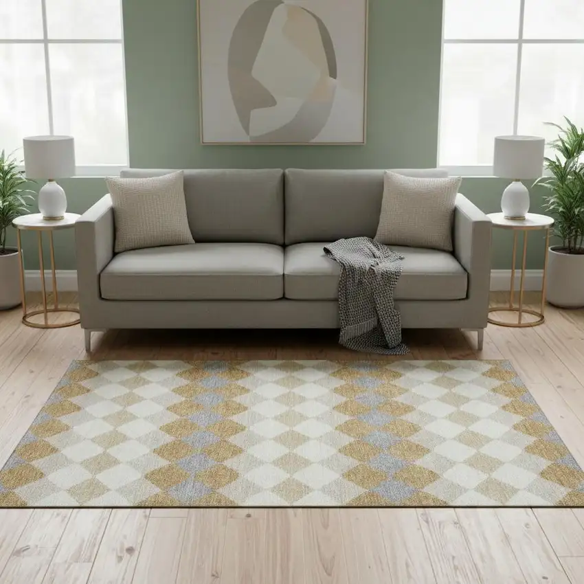 Gold Gray And Ivory Geometric Washable Area Rug With UV Protection Photo 2