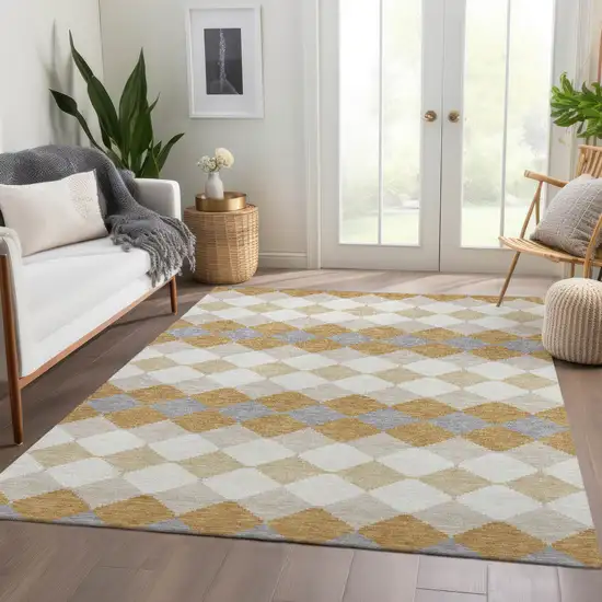 Gold Gray And Ivory Geometric Washable Area Rug With UV Protection Photo 4