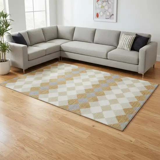 Gold Gray And Ivory Geometric Washable Area Rug With UV Protection Photo 2