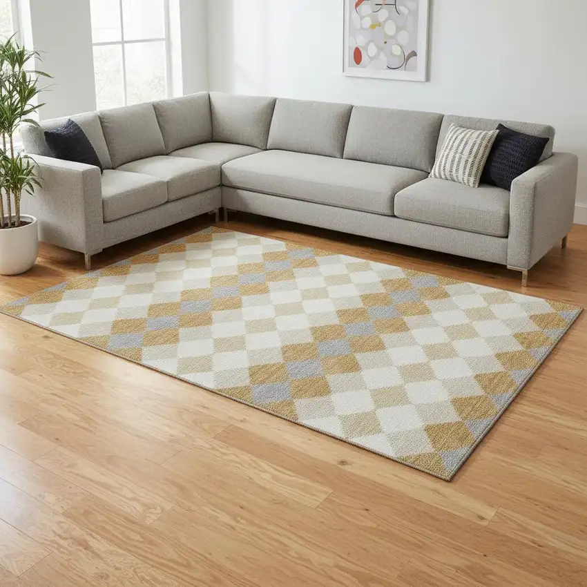 Gold Gray And Ivory Geometric Washable Area Rug With UV Protection Photo 2