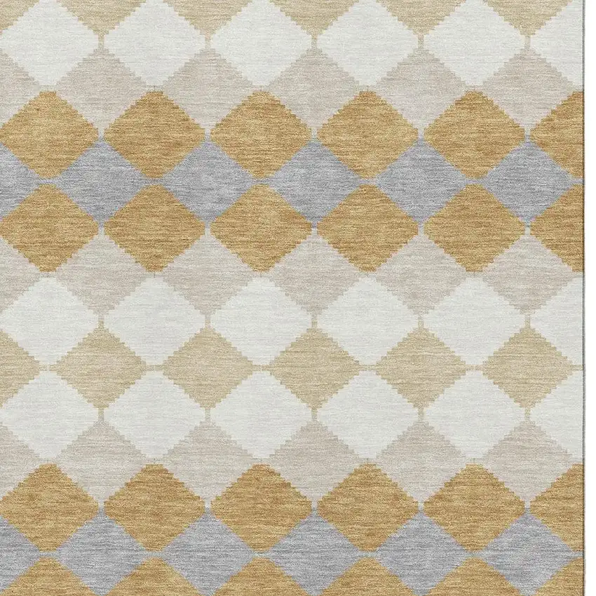 Gold Gray And Ivory Geometric Washable Area Rug With UV Protection Photo 2