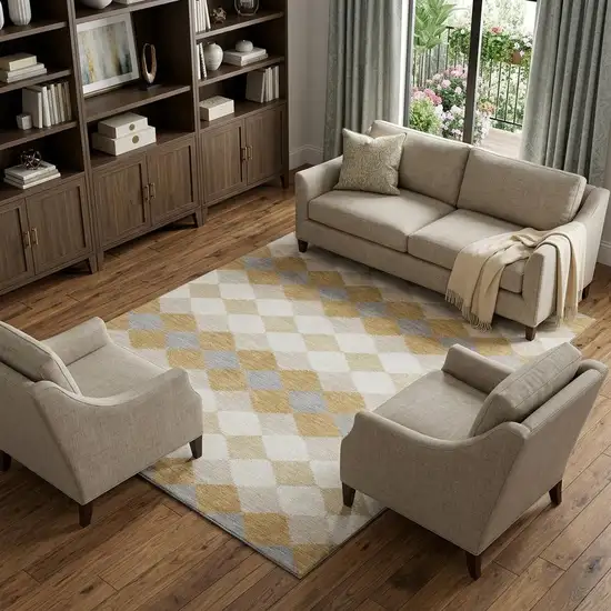 Gold Gray And Ivory Geometric Washable Area Rug With UV Protection Photo 1
