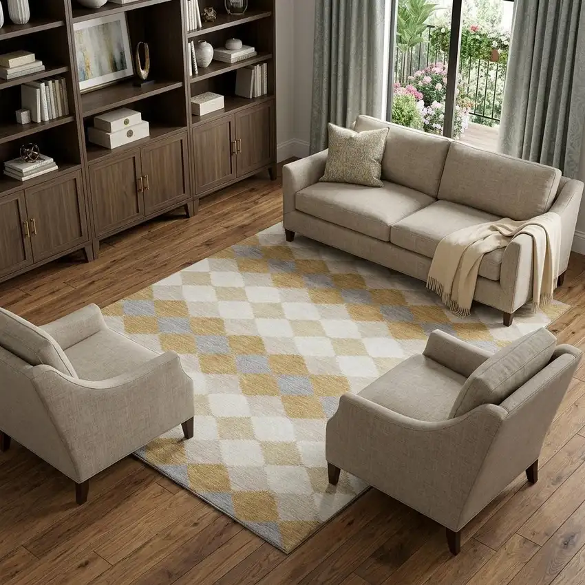 Gold Gray And Ivory Geometric Washable Area Rug With UV Protection Photo 1