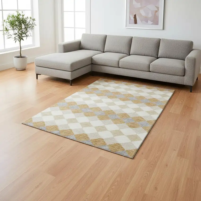 Gold Gray And Ivory Geometric Washable Area Rug With UV Protection Photo 2