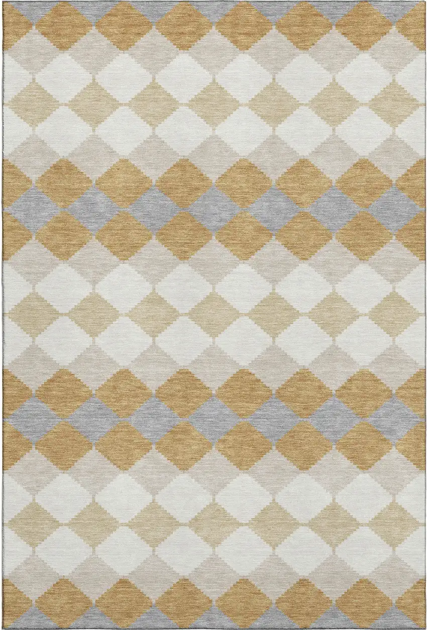 Gold Gray And Ivory Geometric Washable Area Rug With UV Protection Photo 1