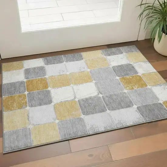 Gold Gray And Ivory Geometric Washable Area Rug With UV Protection Photo 2