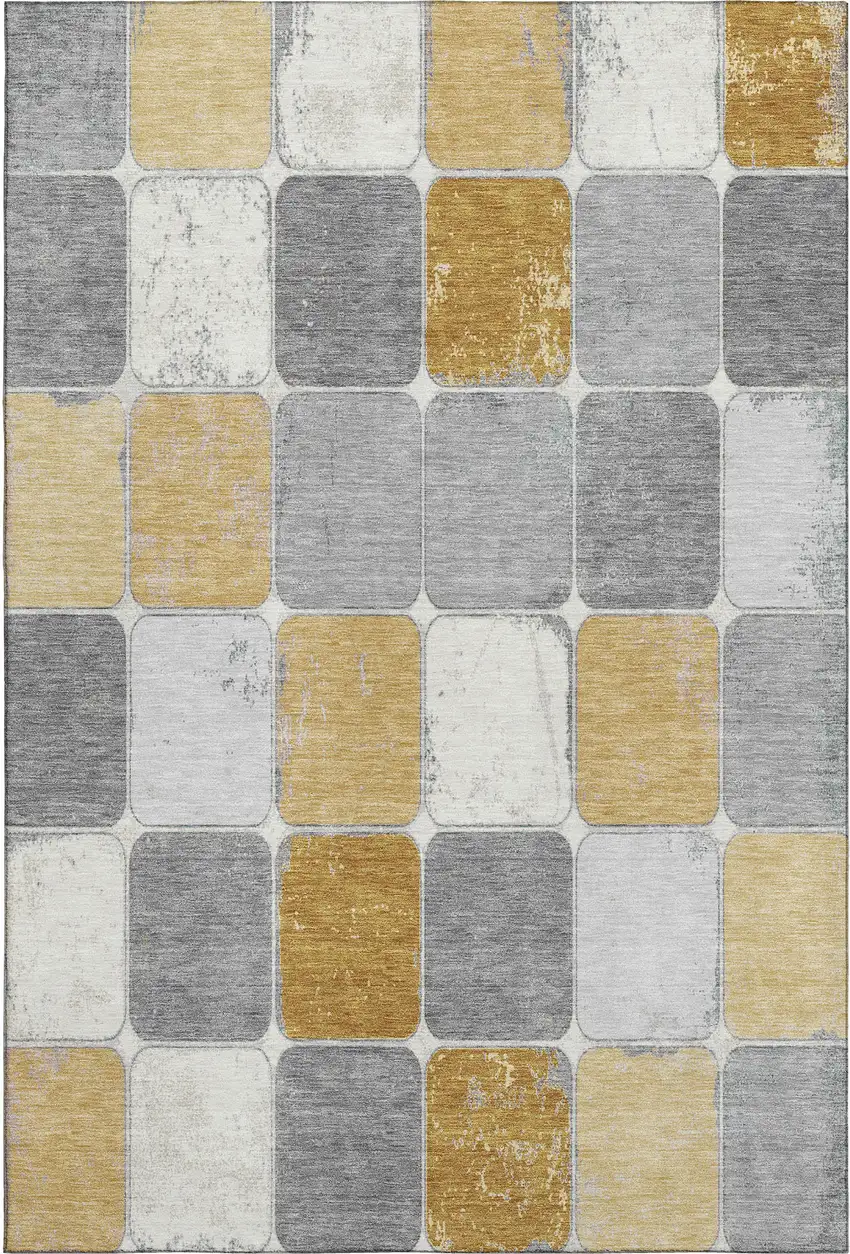 Gold Gray And Ivory Geometric Washable Area Rug With UV Protection Photo 1
