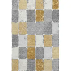 Photo of Gold Gray And Ivory Geometric Washable Area Rug With UV Protection