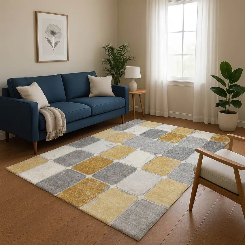 Gold Gray And Ivory Geometric Washable Area Rug With UV Protection Photo 5