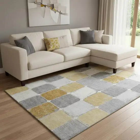 Gold Gray And Ivory Geometric Washable Area Rug With UV Protection Photo 2