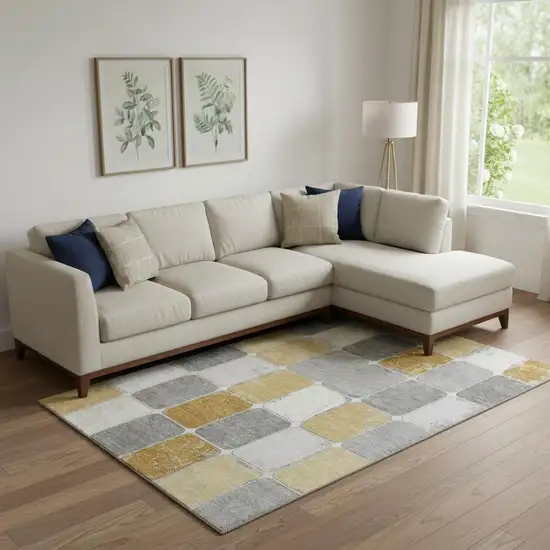 Gold Gray And Ivory Geometric Washable Area Rug With UV Protection Photo 2