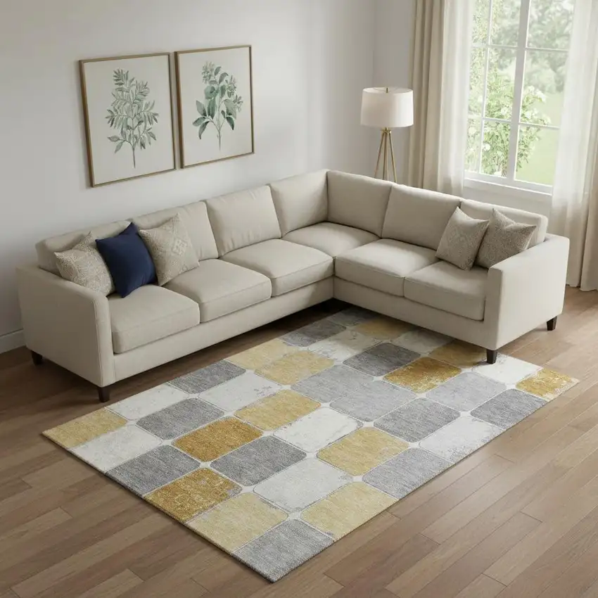 Gold Gray And Ivory Geometric Washable Area Rug With UV Protection Photo 2