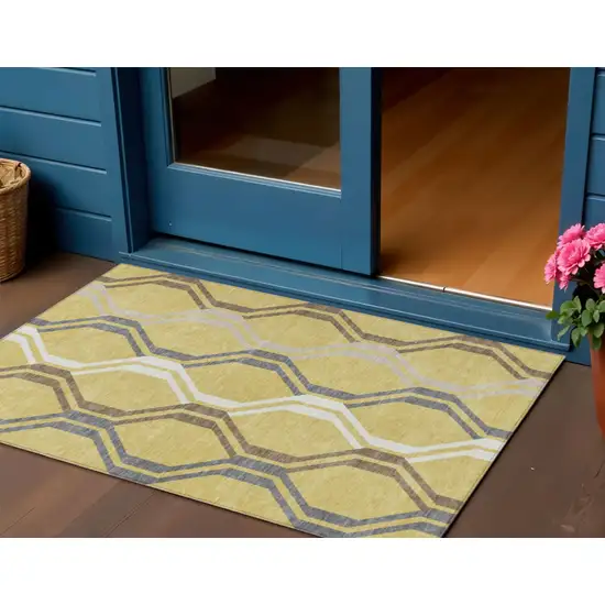Gold Gray And Ivory Geometric Washable Indoor Outdoor Area Rug Photo 1