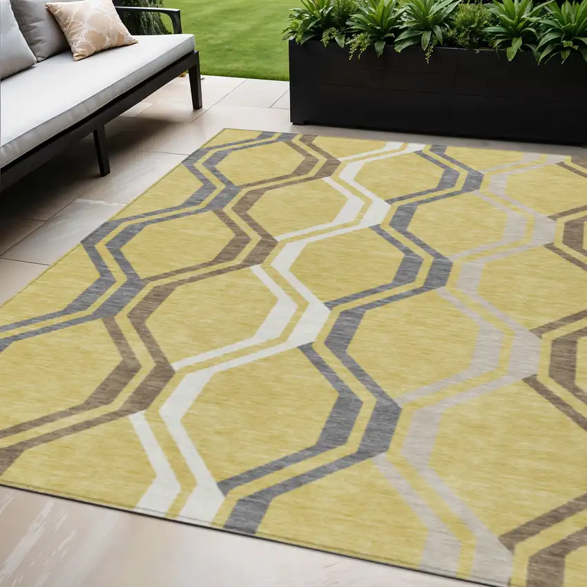 Gold Gray And Ivory Geometric Washable Indoor Outdoor Area Rug Photo 1