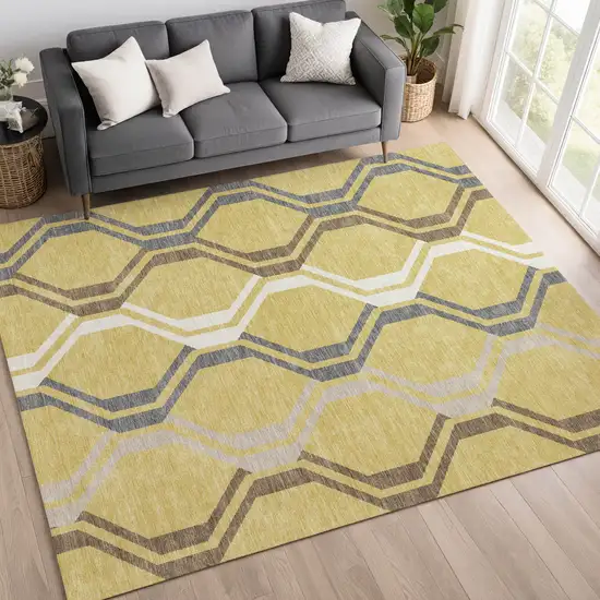 Gold Gray And Ivory Geometric Washable Indoor Outdoor Area Rug Photo 9
