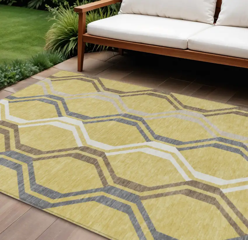 Gold Gray And Ivory Geometric Washable Indoor Outdoor Area Rug Photo 1