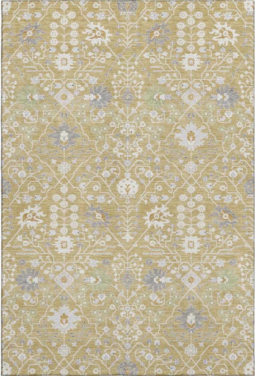 Gold Gray And Ivory Oriental Washable Area Rug With UV Protection Photo 1