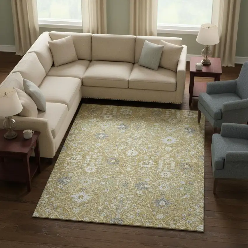 Gold Gray And Ivory Oriental Washable Area Rug With UV Protection Photo 2